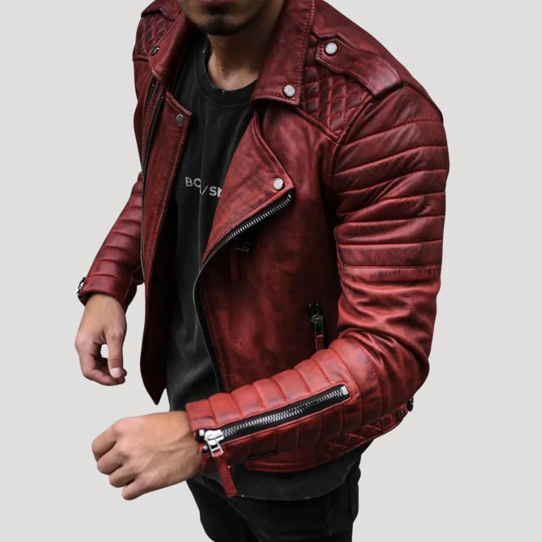Herr kort skinnjacka i klassisk bikerstil