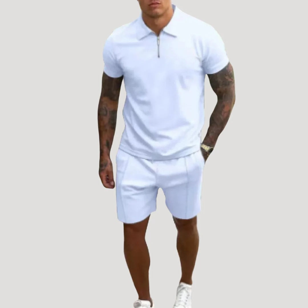 Herr tvådelat sommarset med pikétröja och shorts