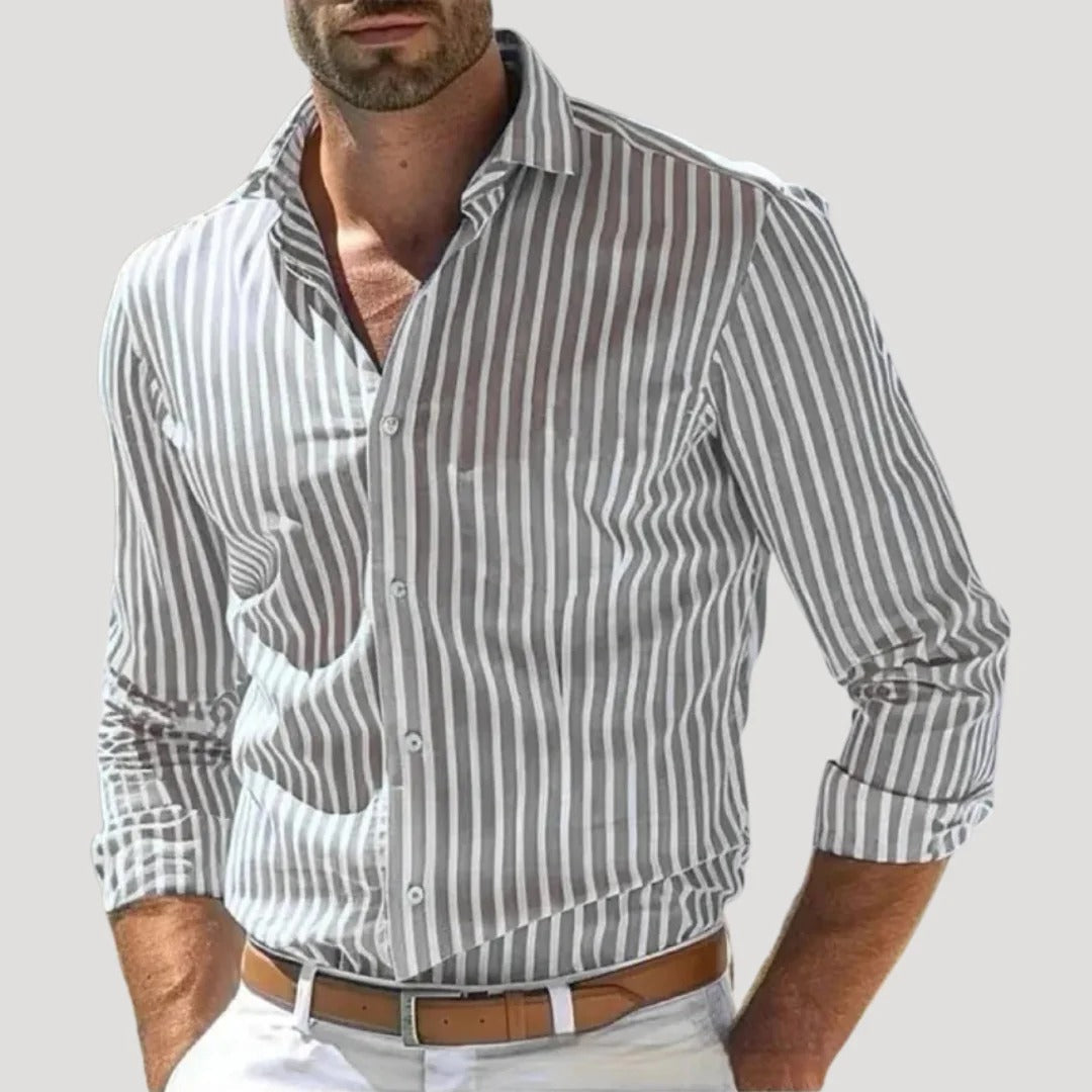 Herr långärmad randig linneskjorta i slim fit