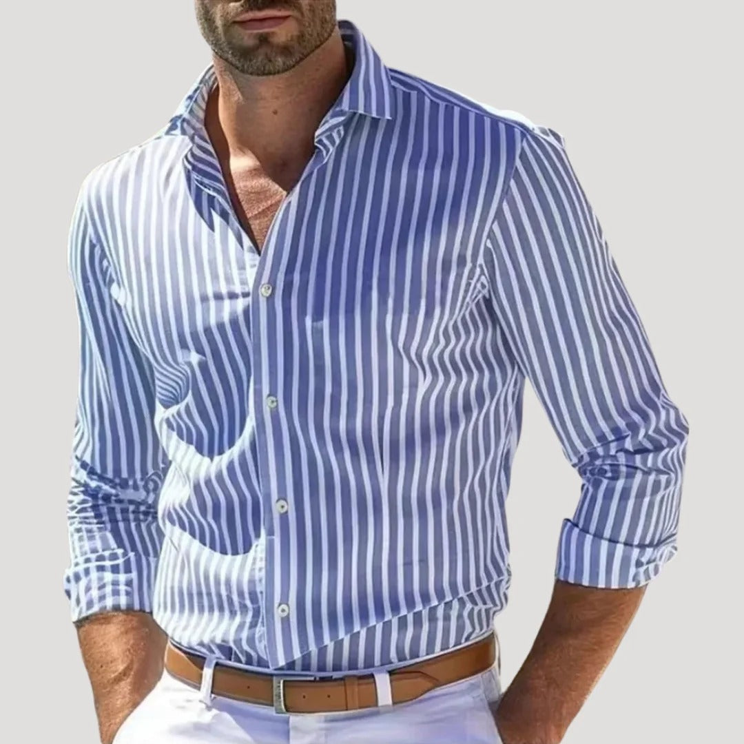 Herr långärmad randig linneskjorta i slim fit